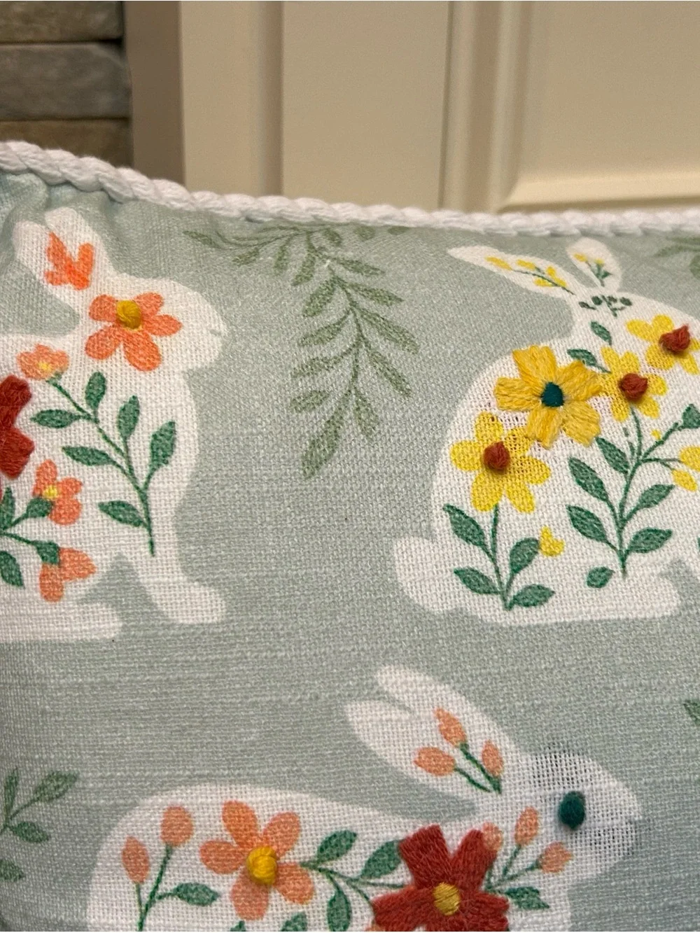 Floral Bunny Holiday Pillow in Mint Green